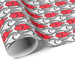 Mid-Century Modern fish, red and grey / grey Wrapping Paper