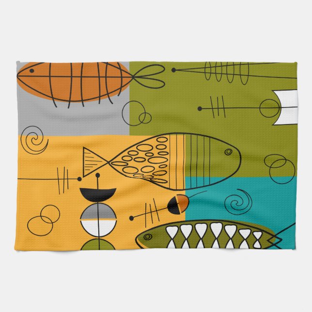 Mid-Century Modern Fish Whimsical Abstract Kitchen Towel (Horizontal)