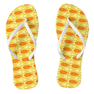Mid-Century Modern fish, yellow and orange Flip Flops