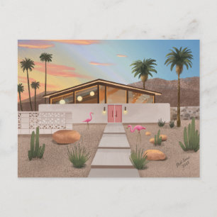Mid Century Modern Flamingo House Blank Postcard