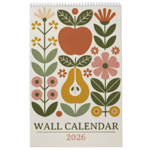 Mid Century Modern Floral 2026 Retro Folk Art Wall Calendar