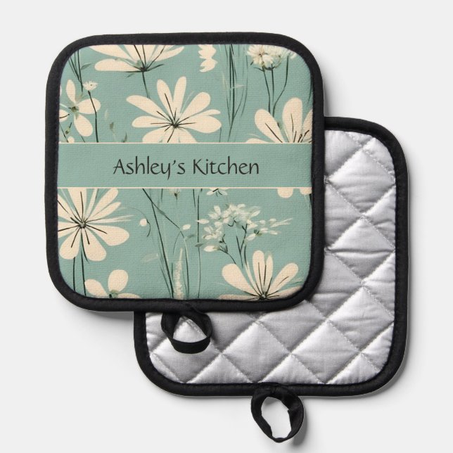 Mid Century Modern Floral Daisy Custom Name Pot Holder (Front/Back)