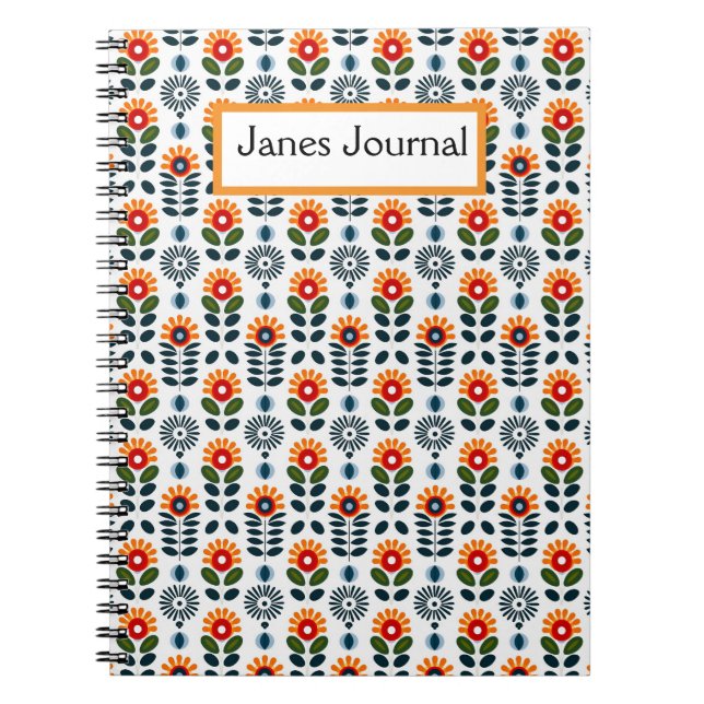 Mid Century Modern Floral Scandi Folk Pattern Notebook (Front)