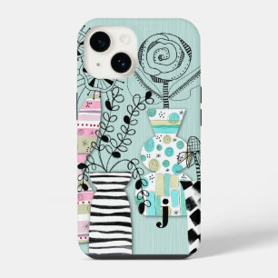 Mid Century Modern Floral Teal Monogram iPhone 14 Case