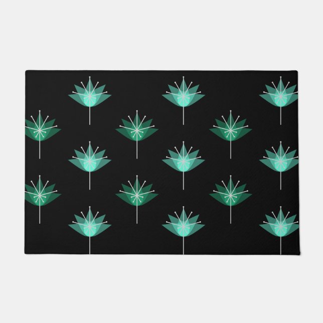 Mid Century Modern Flowers Black Turquoise Doormat (Front)