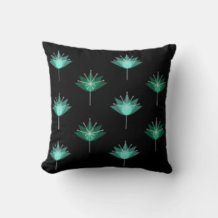 Mid Century Modern Flowers Black Turquoise Throw Pillow