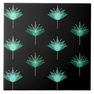 Mid Century Modern Flowers Black Turquoise Tile