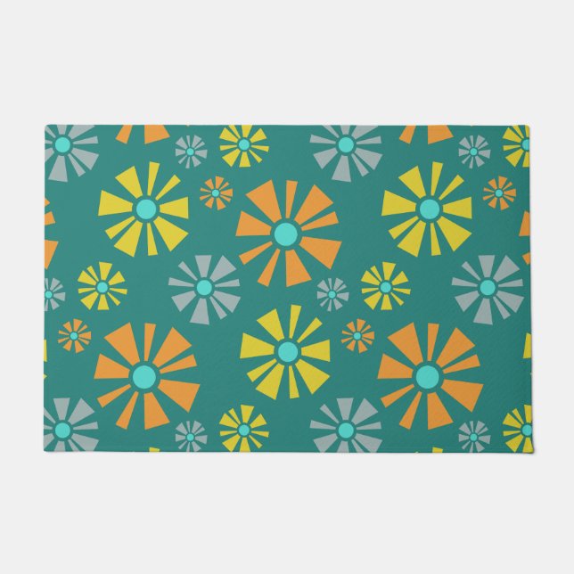 Mid Century Modern Flowers Teal Doormat (Front)