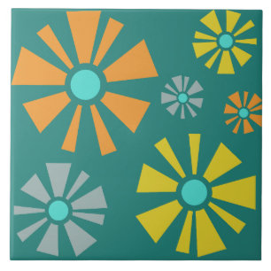 Mid Century Modern Flowers Teal Tile