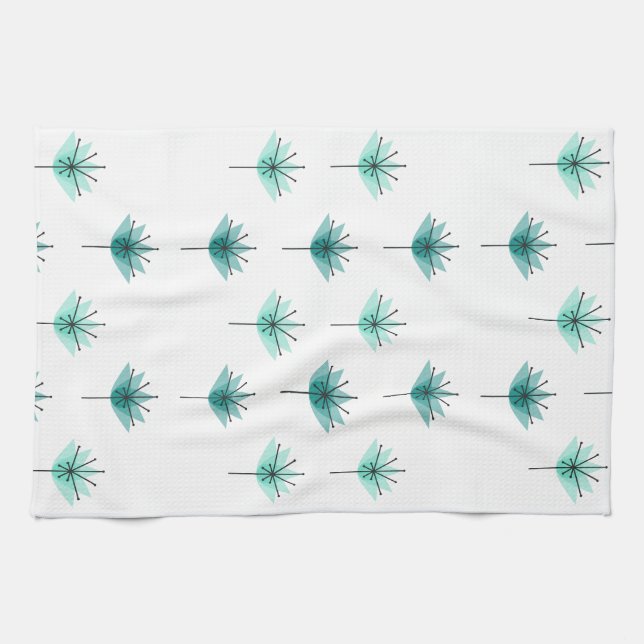 Mid Century Modern Flowers Turquoise Kitchen Towel (Horizontal)