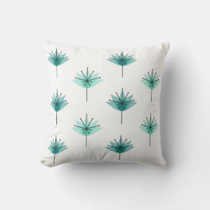 Mid Century Modern Flowers Turquoise Throw Pillow