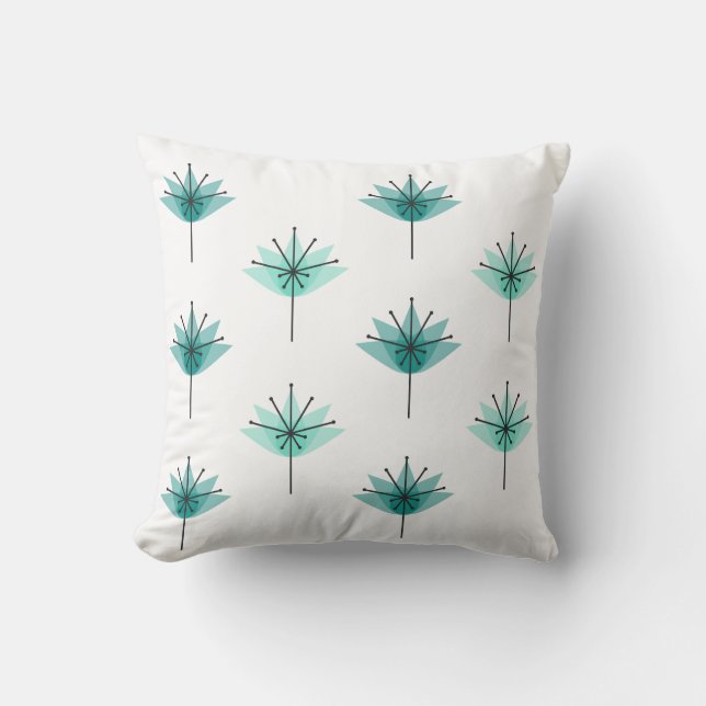 Mid Century Modern Flowers Turquoise Throw Pillow (Front)