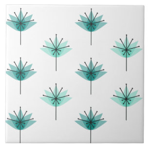 Mid Century Modern Flowers Turquoise Tile