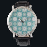 Mid Century Modern Geometric Flowers Watch<br><div class="desc">This Mid Century Modern Geometric Flowers Watch is a mid century modern take on botany! This whimsical aqua and teal chequerboard design has alternating mod flowers of aqua and dove grey on each square. The dove grey flowers have square darker grey centres and the aqua flowers have dove grey centres....</div>