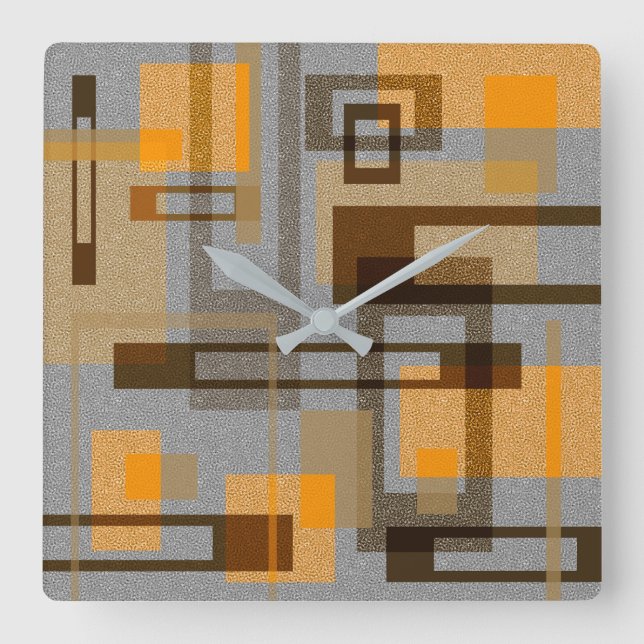 Mid Century Modern Geometric, Grey Orange Brown Square Wall Clock (Front)