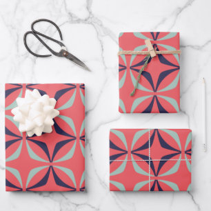 Mid Century Modern Geometric Pattern in Navy Coral Wrapping Paper Sheet