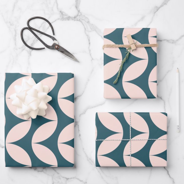Mid Century Modern Geometric Pattern in Teal Blush Wrapping Paper Sheet (Front)