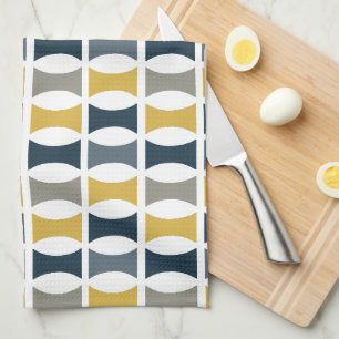Mid Century Modern Geometric Pattern Navy Mustard Kitchen Towel