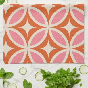 Mid century modern geometric pattern pink orange  kitchen towel