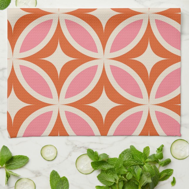 Mid century modern geometric pattern pink orange  kitchen towel (Folded)