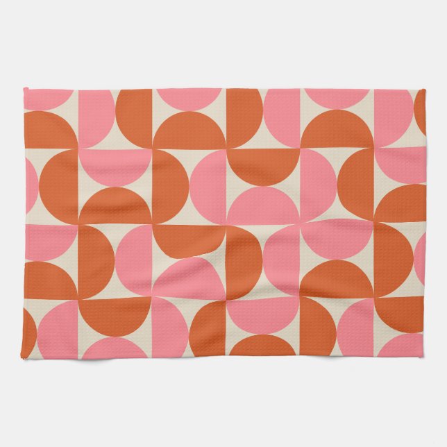 Mid century modern geometric pattern pink orange  kitchen towel (Horizontal)