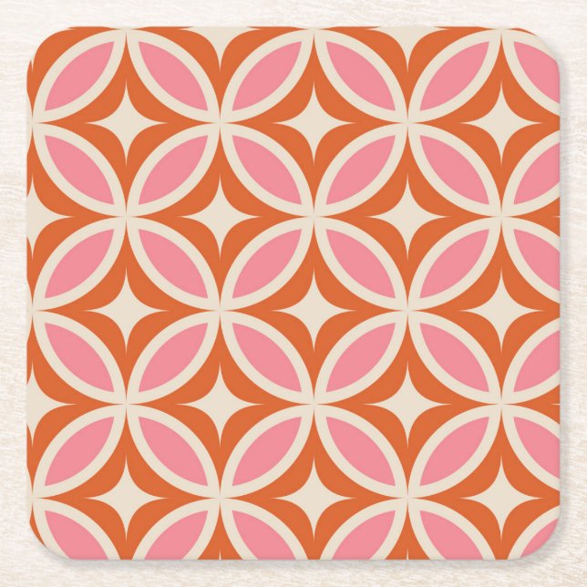 Mid century Modern Geometric pattern pink orange  Square Paper Coaster (Front)