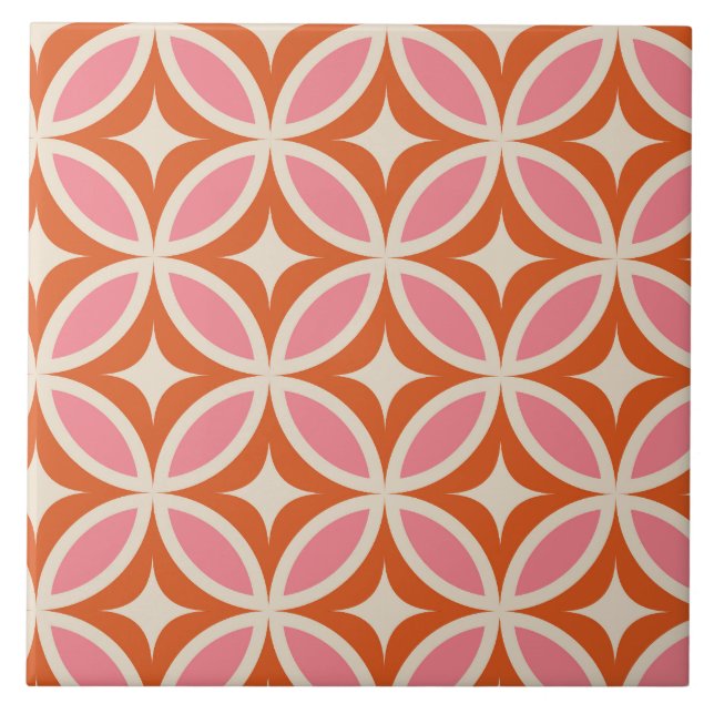 Mid century modern geometric pattern pink orange  tile (Front)