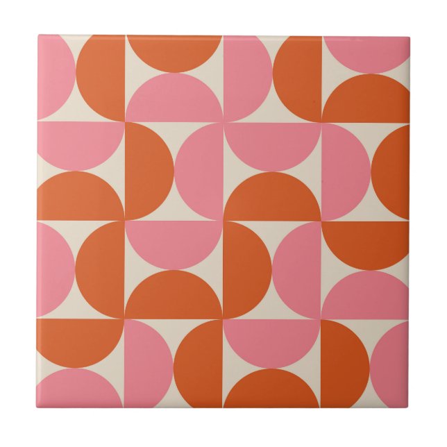 Mid century modern geometric pattern pink orange  tile (Front)