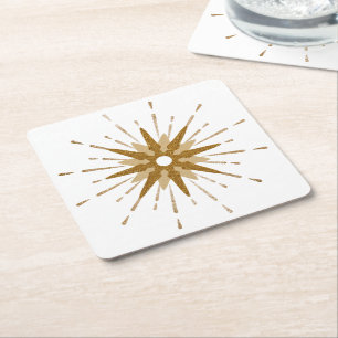 Mid-Century Modern Gold Starburst Square Paper Coaster