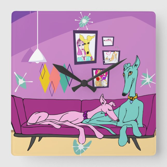 Mid Century Modern Greyhound Art Square Wall Clock (Front)