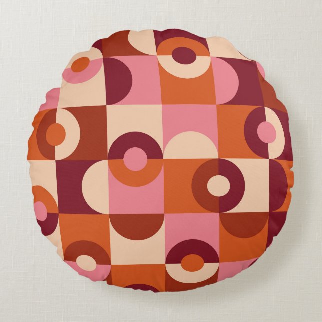 Mid Century Modern Half Circles Pink orange Round Pillow (Front)