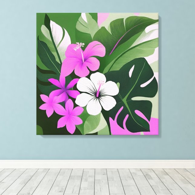 Mid-Century Modern Hawaiian Hibiscus and Plumeria Canvas Print (Insitu(Wood Floor))