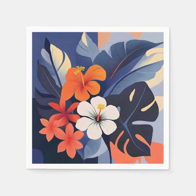 Mid-Century Modern Hawaiian Hibiscus and Plumeria Napkin (Front)