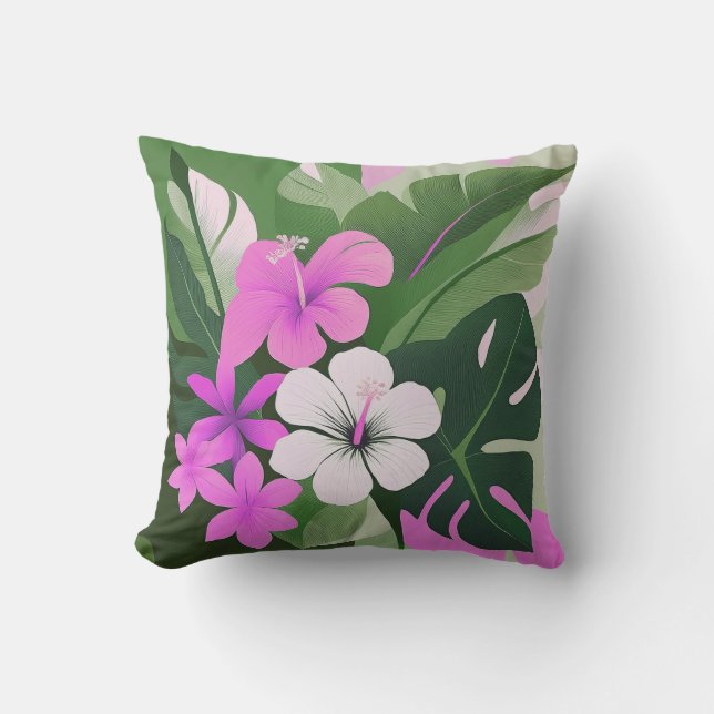 Mid-Century Modern Hawaiian Hibiscus and Plumeria  Outdoor Pillow (Front)