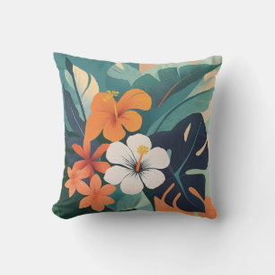 Mid-Century Modern Hawaiian Hibiscus and Plumeria Outdoor Pillow