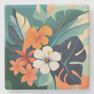 Mid-Century Modern Hawaiian Hibiscus and Plumeria Stone Coaster