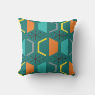 Mid Century Modern Hexagons Teal Throw Pillow