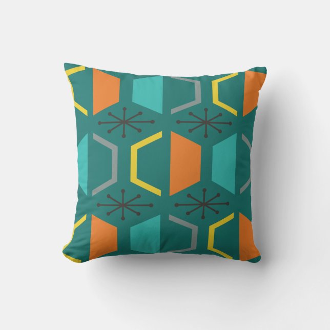 Mid Century Modern Hexagons Teal Throw Pillow (Front)