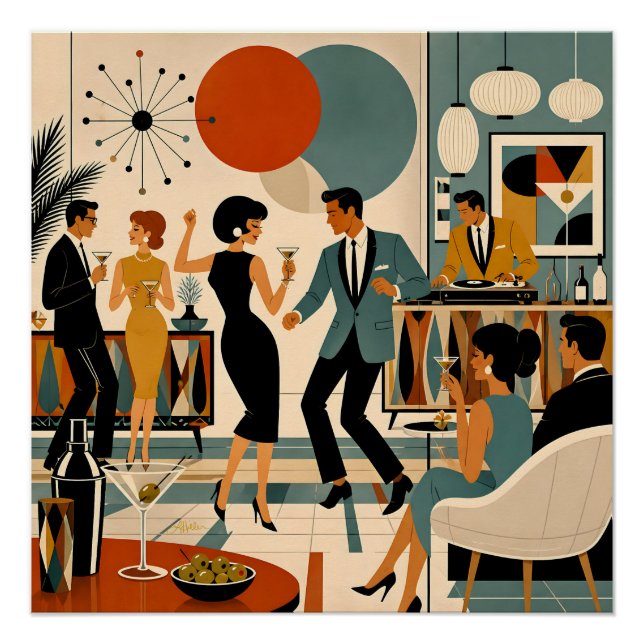 Mid Century Modern Hip Martini Dance Party Poster (Front)