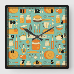 Mid-Century Modern Hipster Kitchen Utensils Square Wall Clock