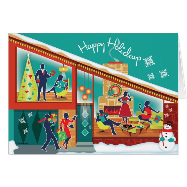 Mid Century Modern House Christmas Card (Front Horizontal)