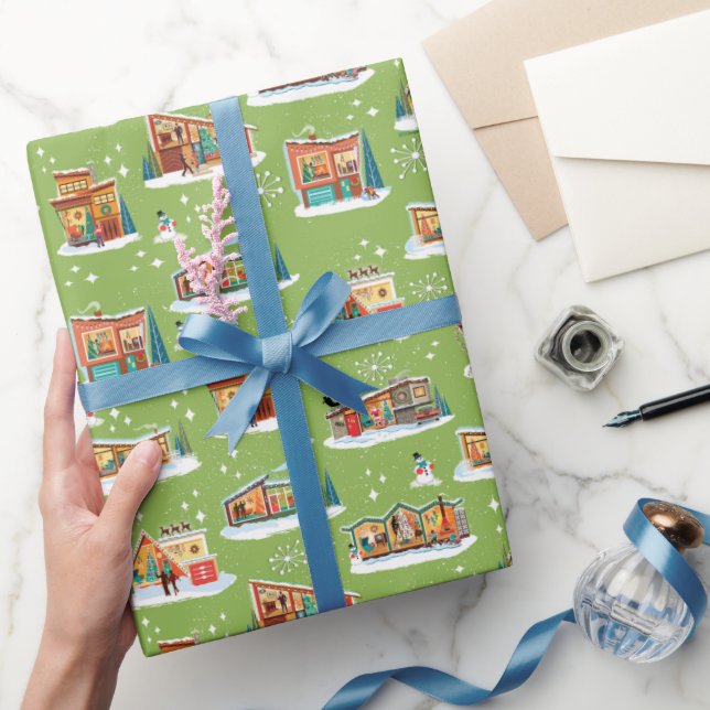 Mid-Century Modern Houses Christmas Avocado 4 Wrapping Paper (Gifting)