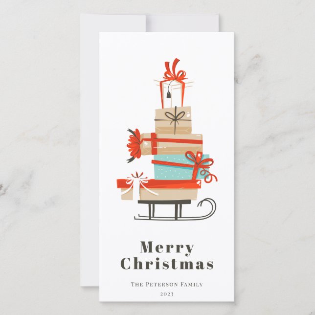 Mid-century Modern Illustrated Christmas Sled Holiday Card (Front)
