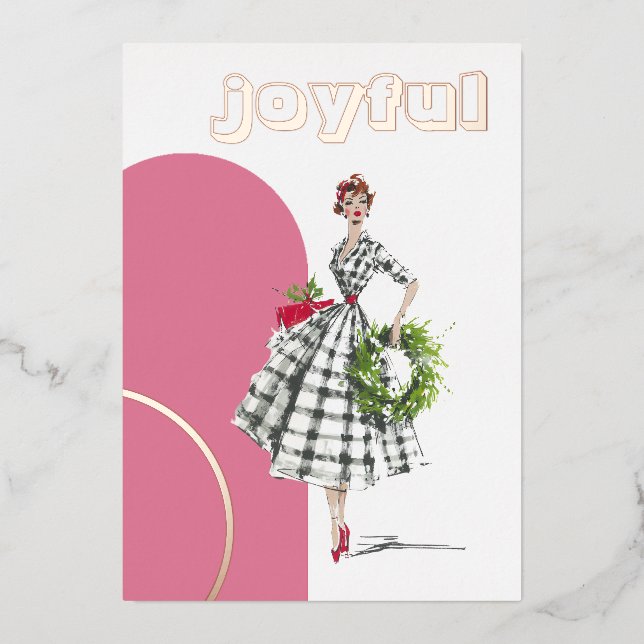 Mid Century Modern Lady Foil Holiday Card (Front)