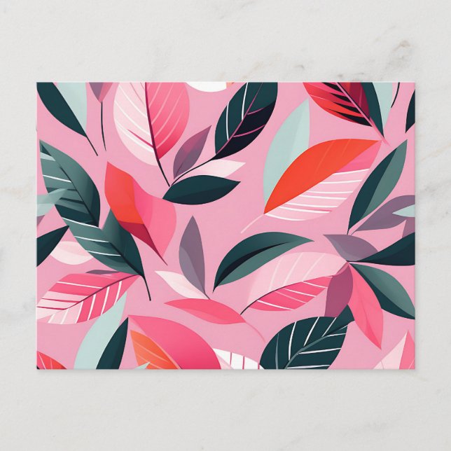 Mid Century Modern Leaf Pattern in Bold Pink Postcard (Front)