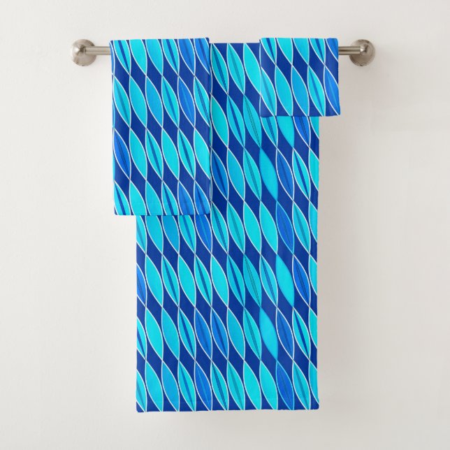 Mid Century Modern Leaves, Cobalt and Sky Blue Bath Towel Set (Insitu)