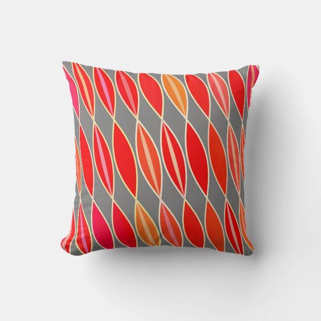 Mid Century Modern Leaves, Coral Orange and Grey Throw Pillow (Front)
