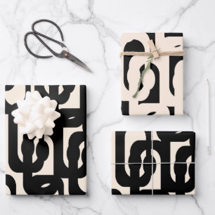Mid Century Modern Loop Pattern in Black and Cream Wrapping Paper Sheet
