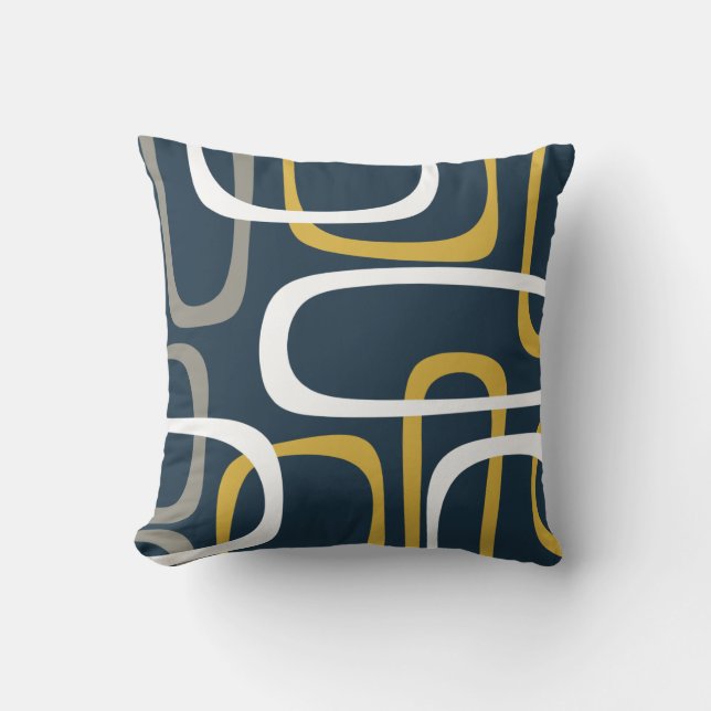 Mid-Century Modern Loops Pattern Mustard Navy Blue Throw Pillow (Front)