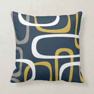 Mid-Century Modern Loops Pattern Mustard Navy Blue Throw Pillow